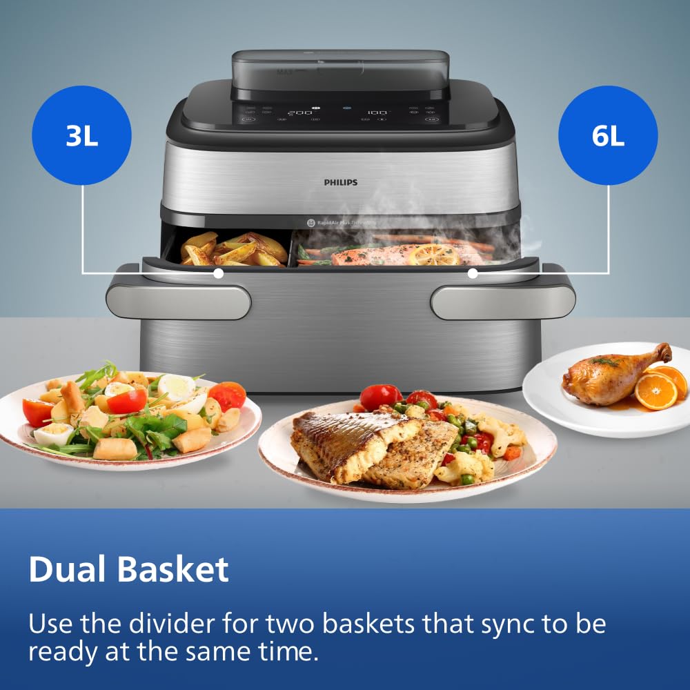 Philips Airfryer 5000 Series Megabasket with Steam - Unique Steamfry, Steam & Airfry - 28 Ways to Cook; 9,5L in Megabasket or 3L + 6L Dual Basket, RapidAir Plus Technology, Auto SteamClean (NA565/92) — view 5