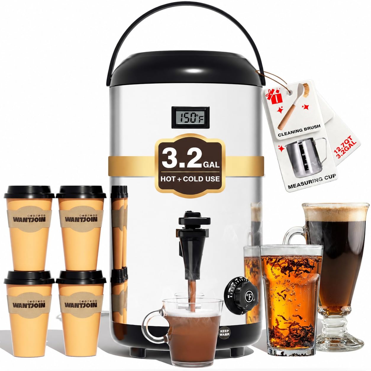 WantJoin Insulated Beverage Dispenser Stainless Steel Silver 3.2Gal-Heating