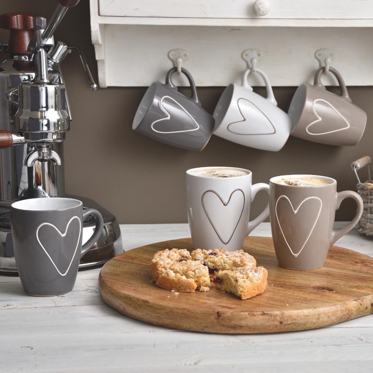 Tassen 36er Set Herz in weiß beige grau - Keramik Kaffeetassen in 250ml für Tee Kaffee Cappuccino - Moderne Kaffeebecher spülmaschinenfest und mikrowellengeeignet als Geschenk