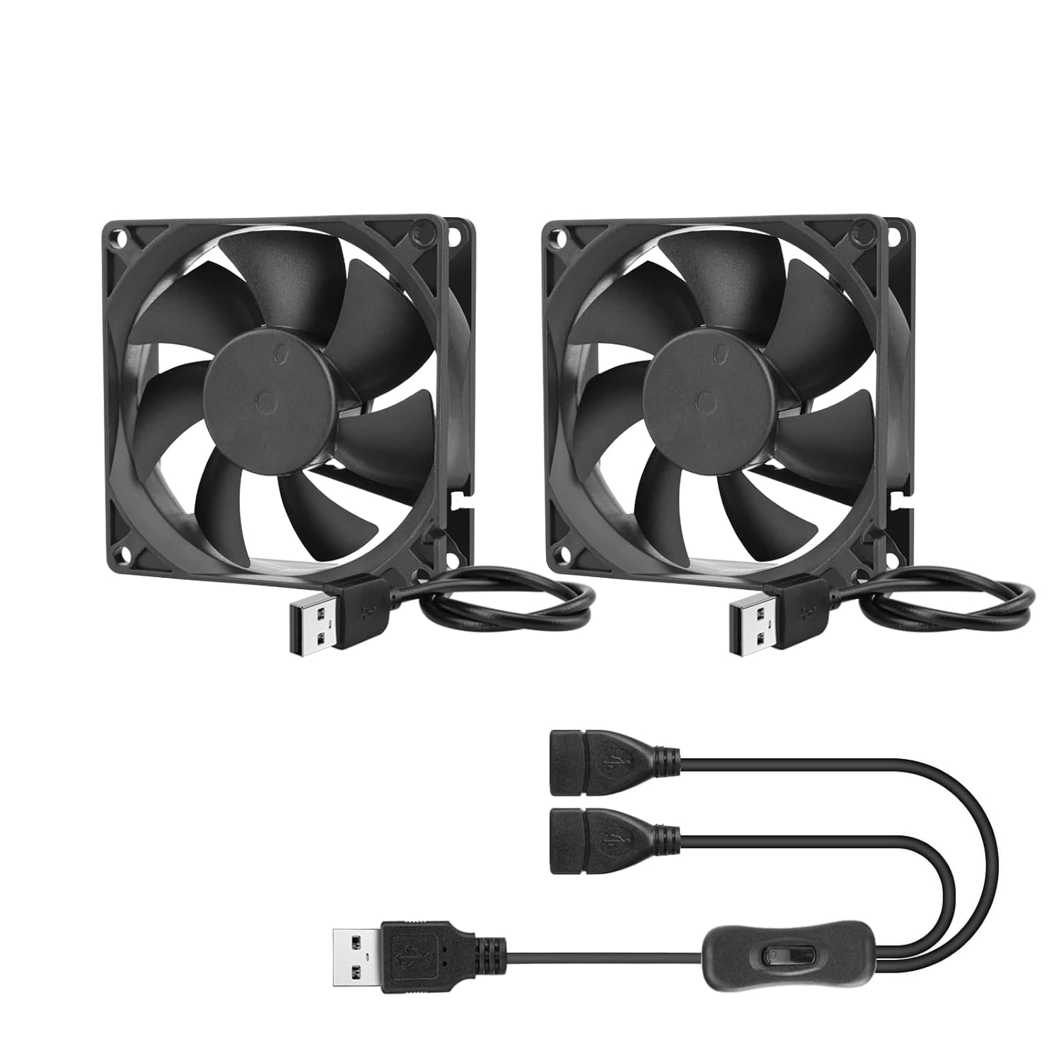 2Pack 80mm USB Computer Fan with 1 Male to 2 Female USB Extension