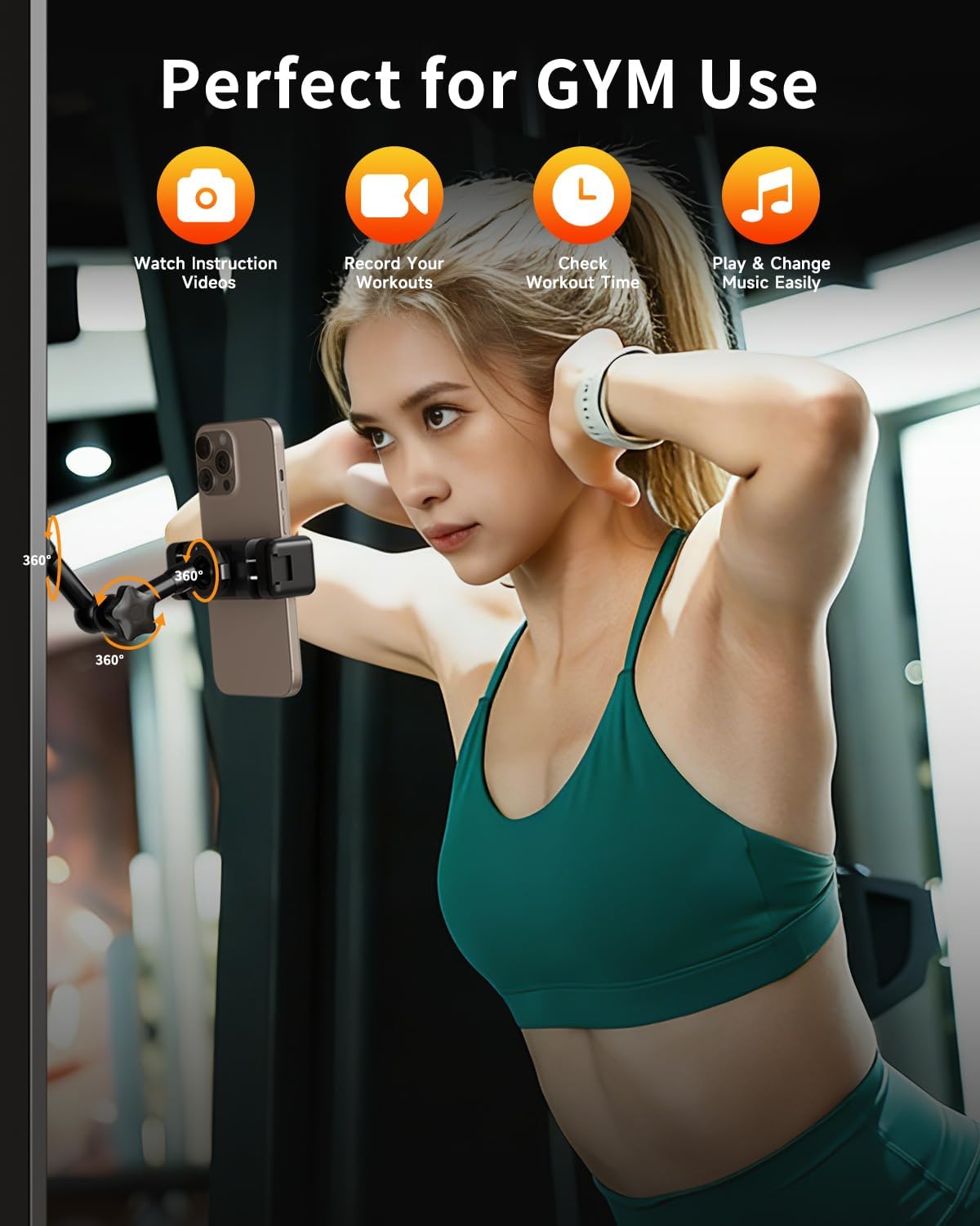 Magnetic Phone Holder for Gym - Heavy Duty Gym Phone Holder Magnet with Strong Magnetic Force, Attach to Metal Surfaces, 360°Adjustable Arm, Compatible with 4"-7" Smartphones