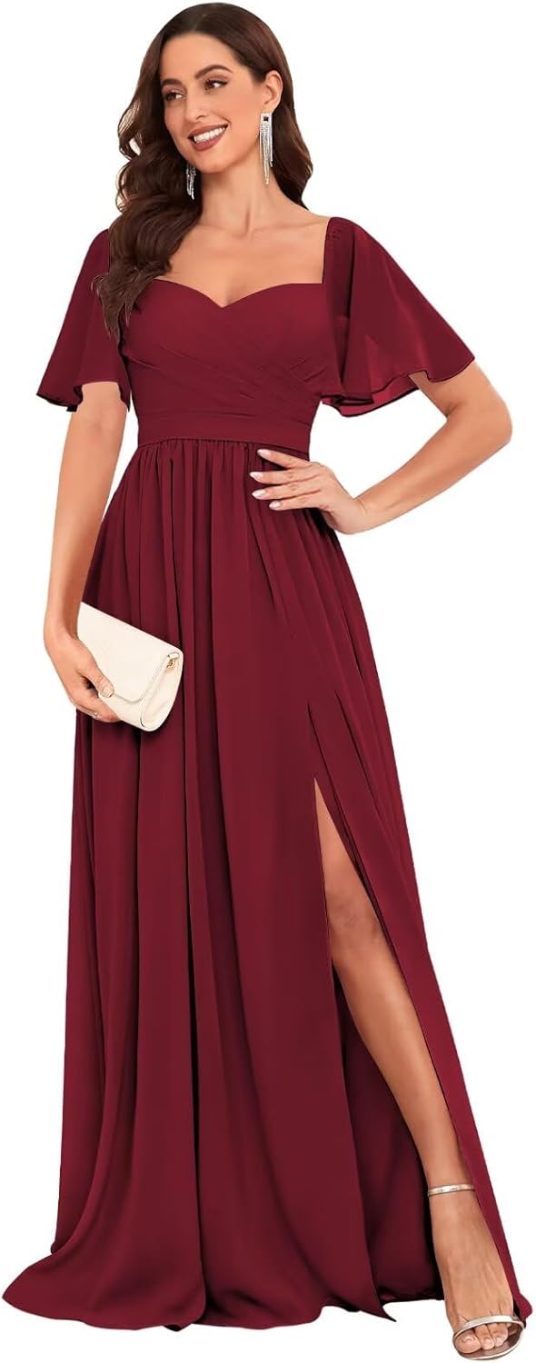 Long Chiffon Bridesmaid Dresses with Sleeves Ruched A-Line Formal Wedding Guest Dress for Women