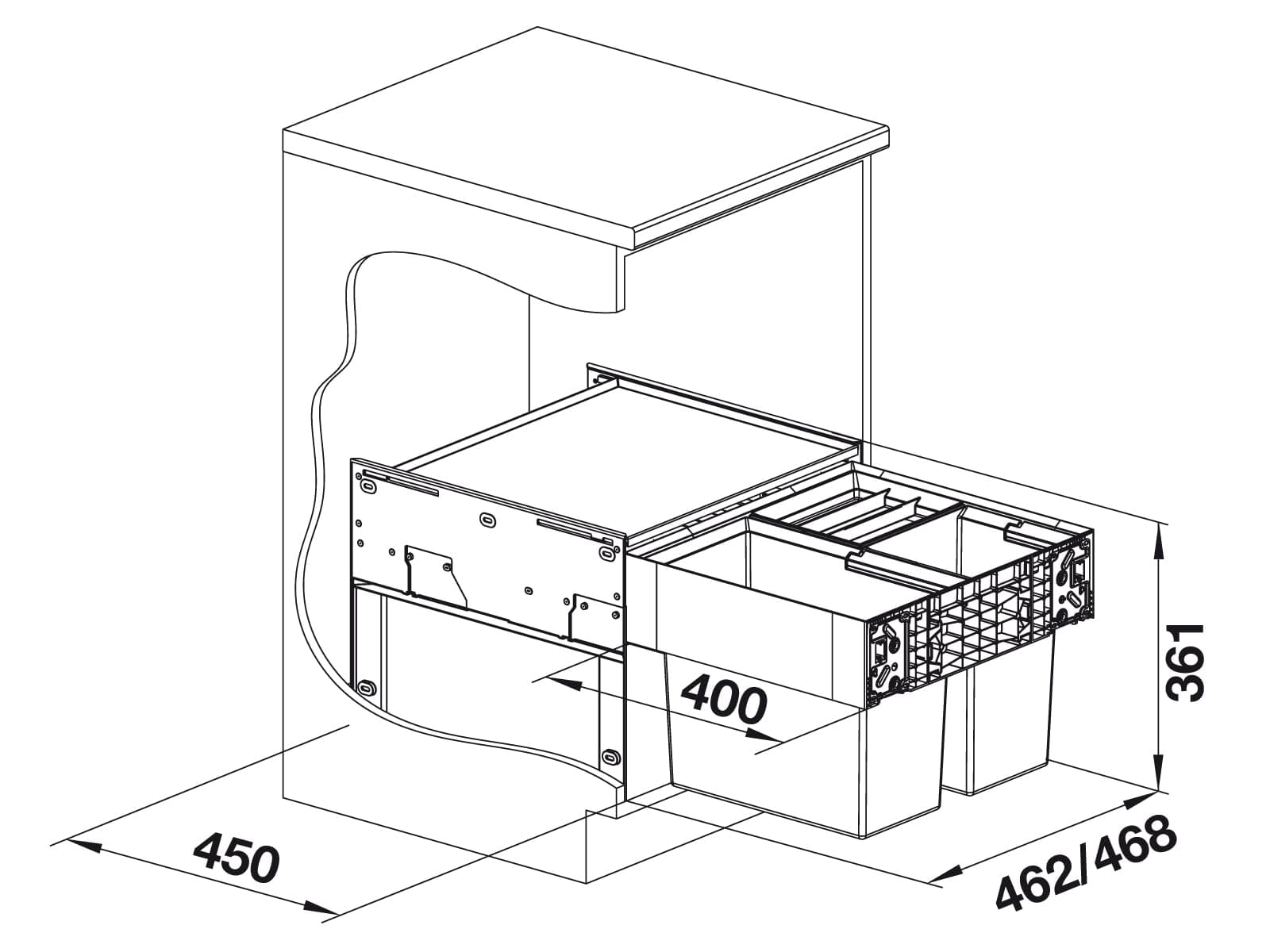 BLANCO SELECT II 50/3 | Abfall Müllsystem | für 50 cm breite Unterschränke | Auszugssystem zur Frontanbindung | 1 x 19l und 2 x 8l Eimer | 1 x Eimerdeckel 8l | 400mm Auszugstiefe | [46,8x40x36,1 cm]