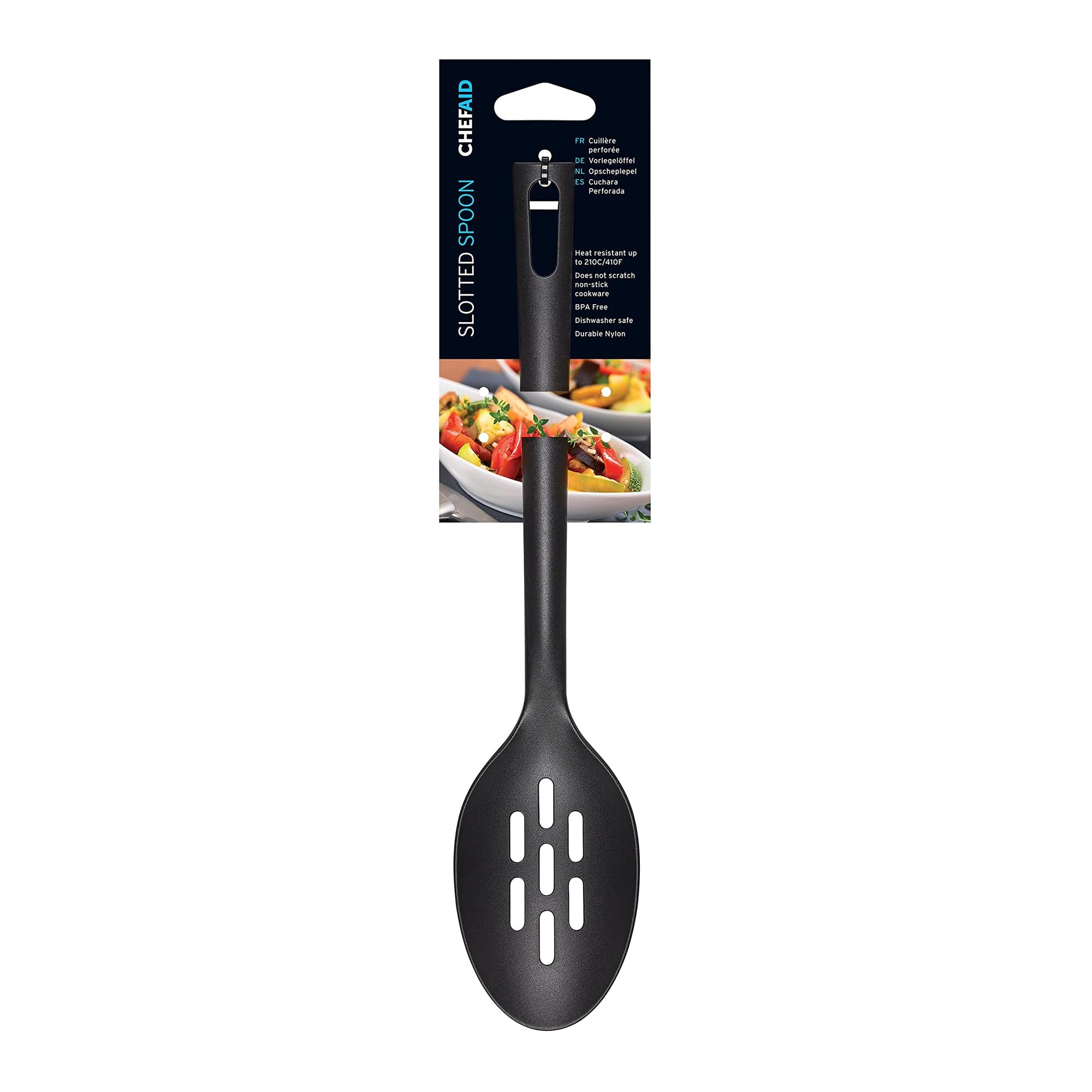 Chef Aid Black Nylon Slotted Serving Spoon, BPA Free Kitchen Utensil for use with Non-Stick Cookware, Ideal for Serving and Draining a Wide Selection of Foods, Comes in Black Colour