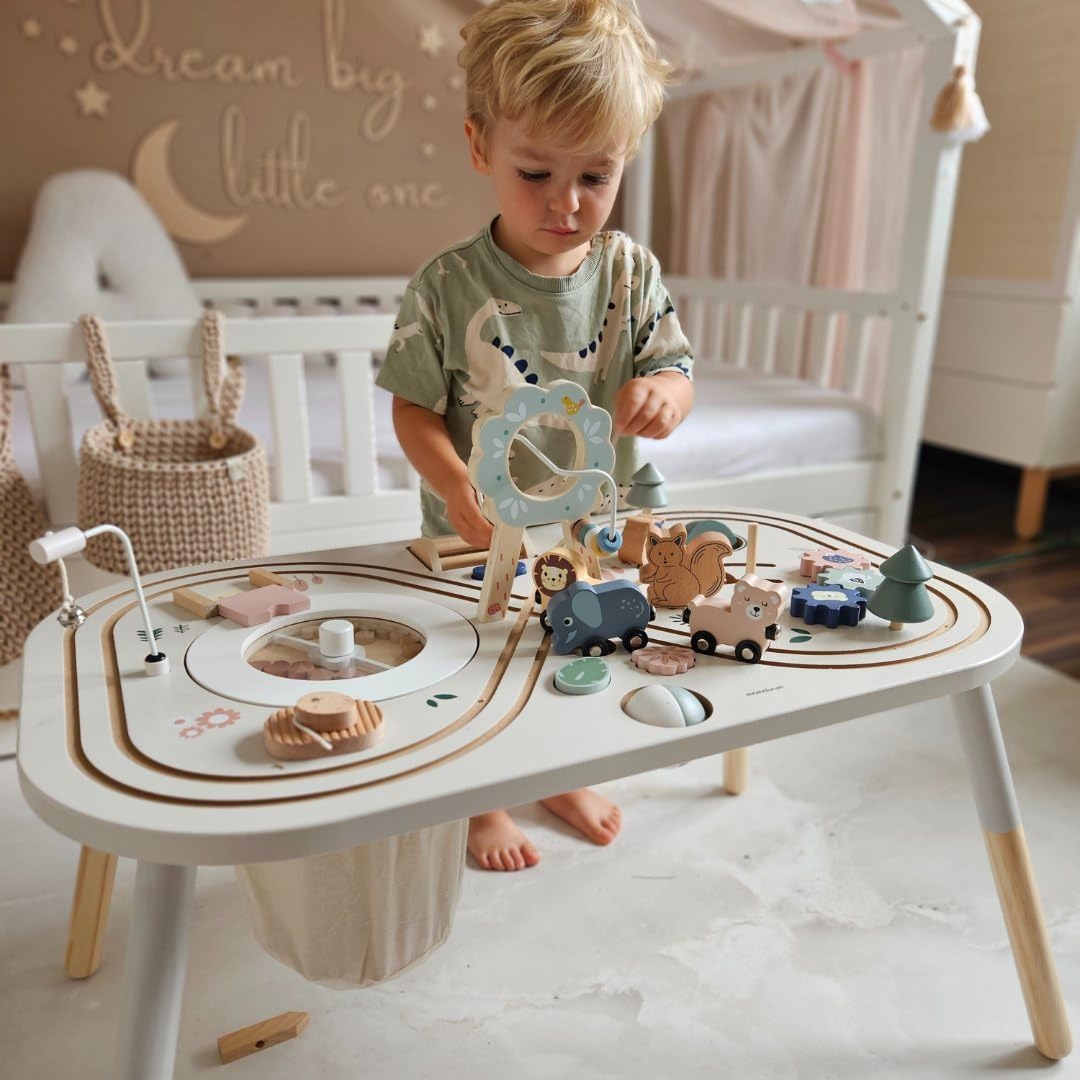 mamabrum Mesa Educativa de Madera 10 en 1 - Juguete Didáctico con Actividades Sensoriales para Niños +1 Año - Centro de Juegos con Engranajes, Laberinto y Tren - 81x52x64,5 cm