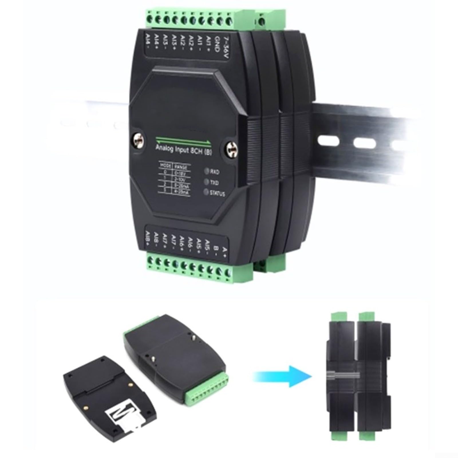 Modulo di ingresso analogico a 8 canali DC 7-36 V, per modbus RTU su RS485, 12 bit per risoluzione, isolato per montaggio su guida DIN nell'automazione industriale (B)