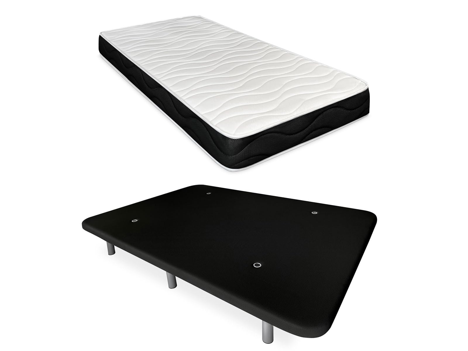 DUÉRMETE ONLINE - Cama Completa con Colchón Fresh Reversible + Base Tapizada Reforzada Color Negro con 6 Patas Metálicas Roscadas, 135 x 190