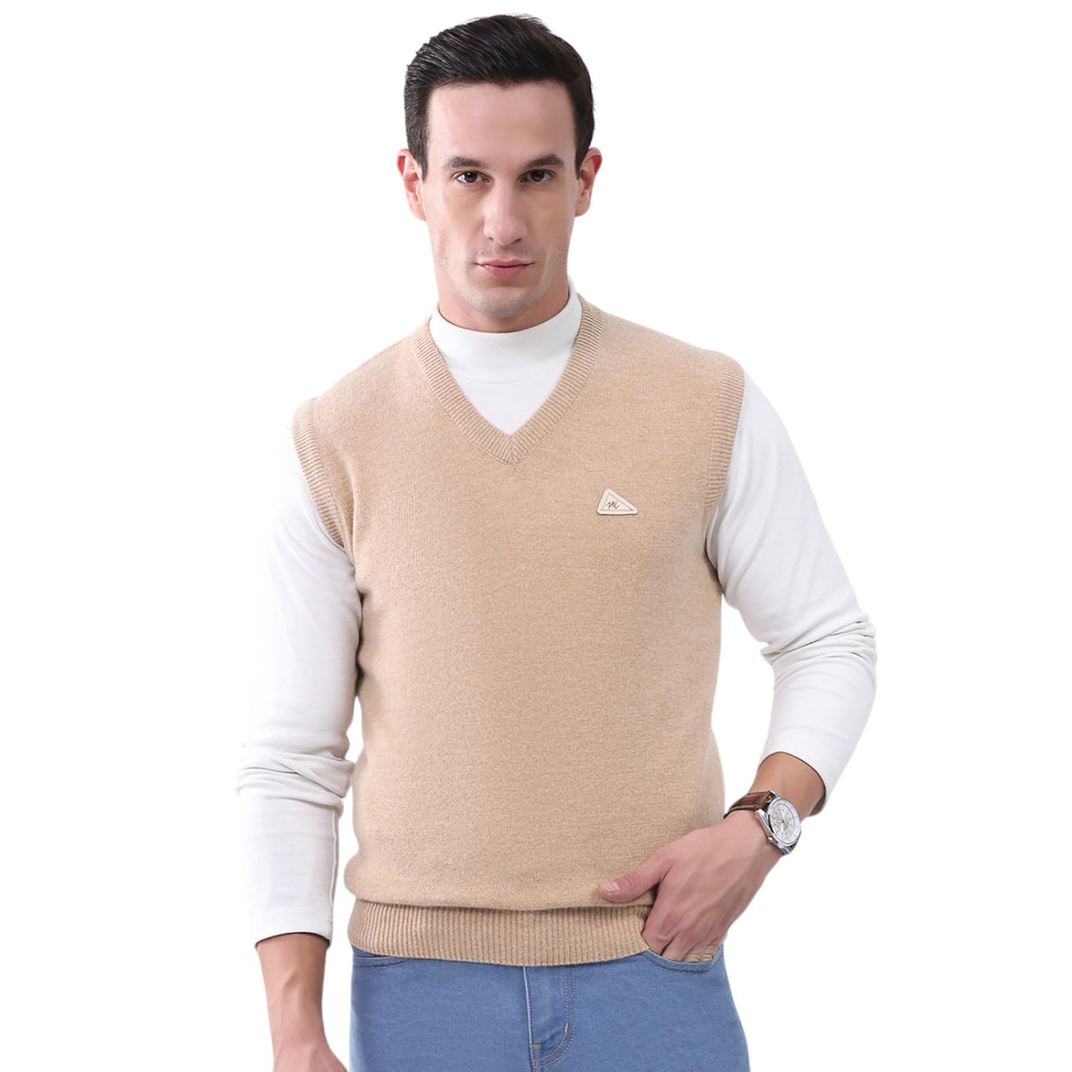 Men's Regular Fit Sweater | Solid V Neck Sleeveless Pull On | Stylish Winter Wear| Winter Sweater for Men's Beige L (Pack of 1)