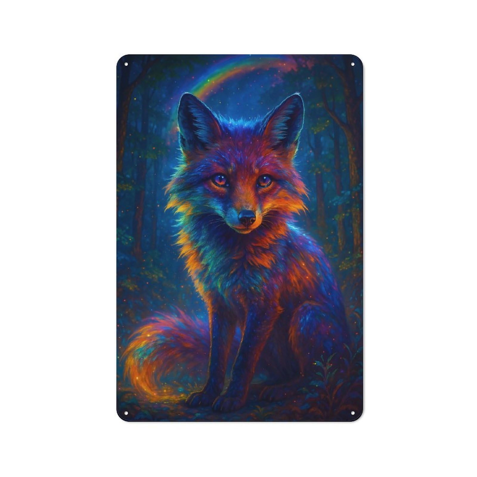 Bistro Style Rainbow Fox in Enchanted Forest Decorative Metal Plaque 30x20cm, Bistro Wall Plaque for Tea Room, Shop Wall Or Breakfast Area