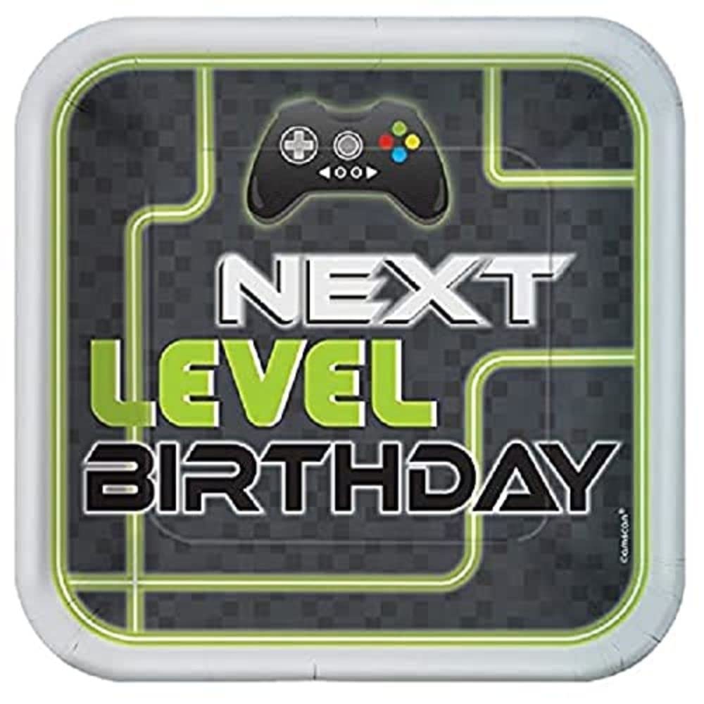 Amscan 552948-55 Level Up Gamers Birthday Paper Square Plates - 8 Pack, Multicoloured, 23 centimeters