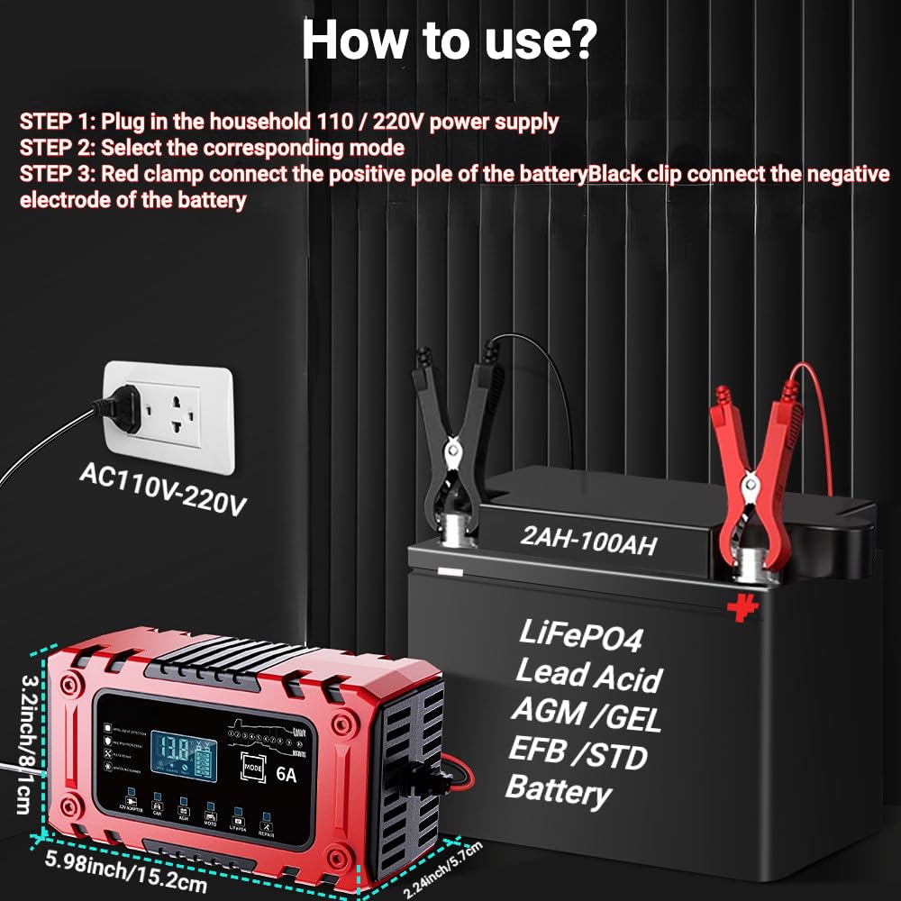 Ładowarka samochodowa 12 V 6 A Smart Car Battery Charger & Maintenancer -10-stopniowa automatyczna ładowarka podtrzymująca z odsiarczaczem do akumulatorów samochodowych,motocyklowych,LiFePo4 Lead-Acid