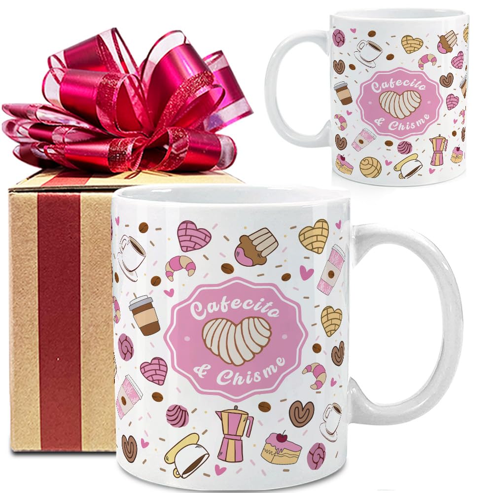 VLUG Cafecito Y Chisme Mug, Cute Mexican Coffee Mug, Birthday Gifts for Women Coffee lovers Mom Sister Wife Lady Daughter Coworker Friends, Panaderia Cup Gift for Her, Pan Dulce lover Cup