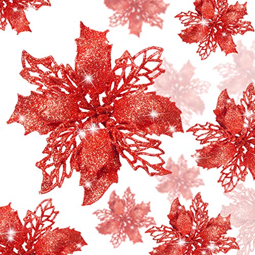 WILLBOND 36 Piezas de Flores de Pascua de Brillo de Navidad Flores Artificial Decoración de Brillo de Boda Árbol de Navidad Año Nuevo(Rojo, Estilo Hueco de Brillo)