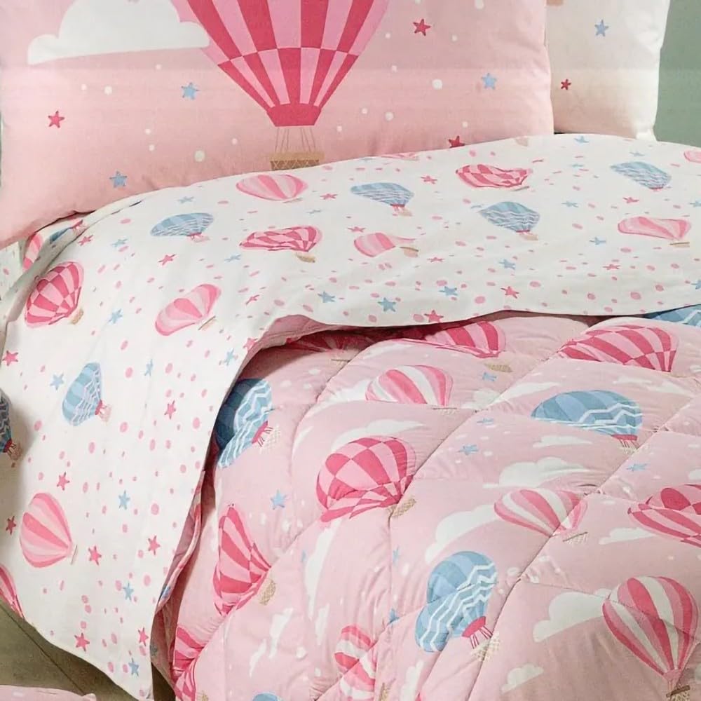 Caleffi Completo Lenzuola Letto Singolo Art. Star in 100% Cotone – Fantasia Mongolfiere Rosa con Federa Double Face