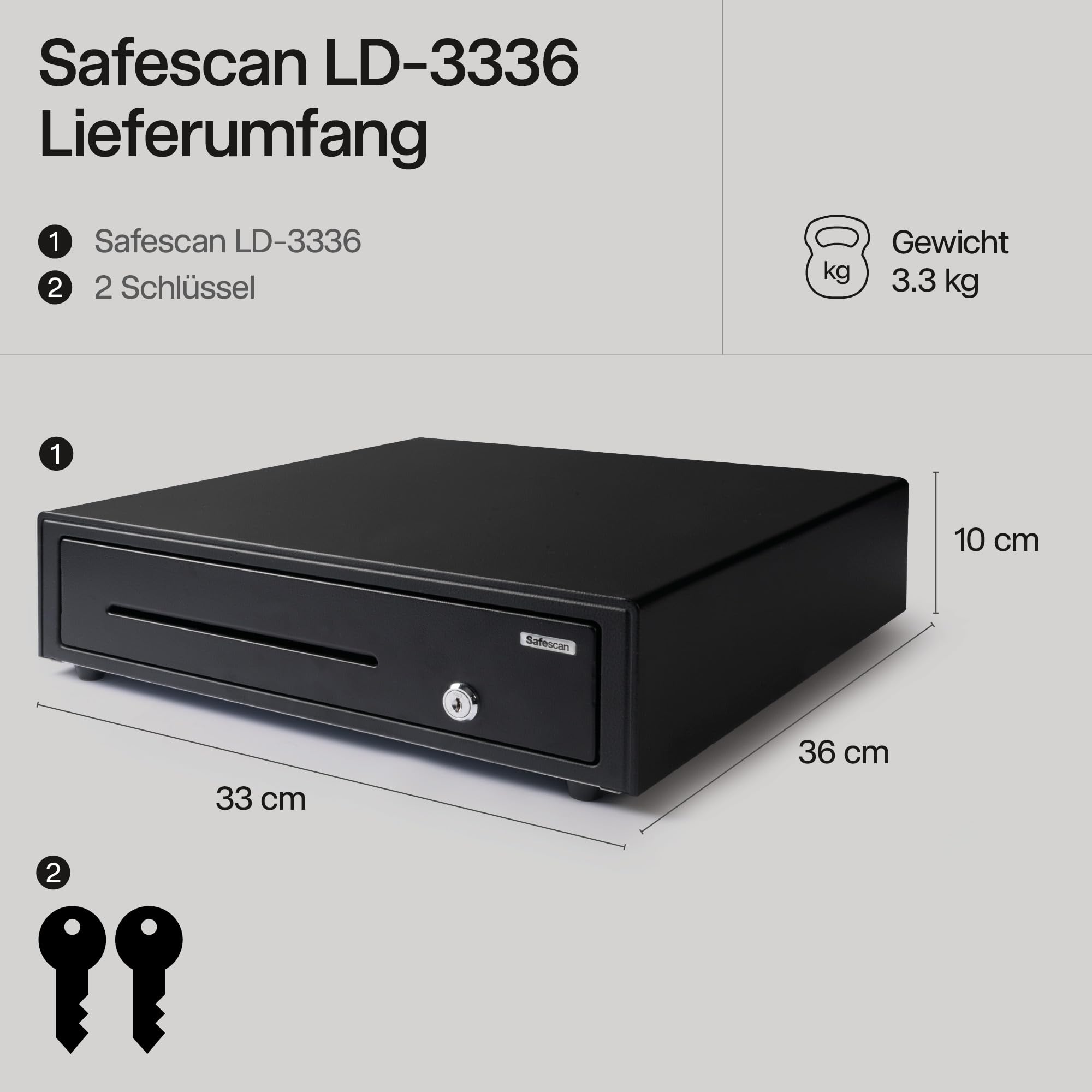 Safescan LD-3336 Light-Duty Kassenschublade mit 3 Fächern für Banknoten und 8 für Münzen - Kassenlade mit RJ-12 Anschluss (z.B. Registrierkasse) - Kompakte Kassenschublade von 33 x 36 x 10 cm