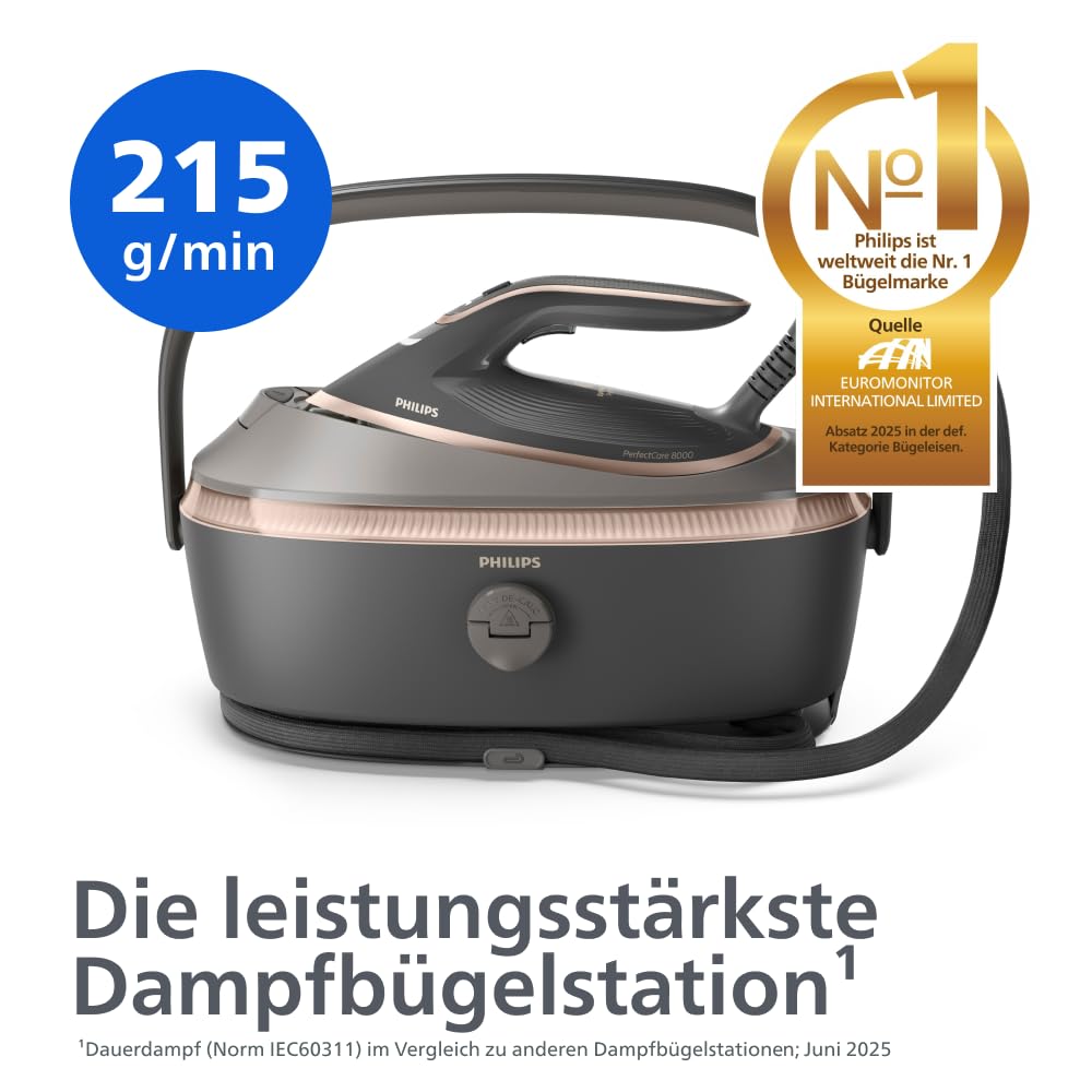 Philips PerfectCare 8000 Series Dampfbügelstation – 215g Dauerdampf, 750g Dampfstoss, Einfaches Tragen, OptimalTEMP, SteamGlide Elite, 1,4L, Easy De-Calc, Garantiert keine Brandflecken (PSG8200/80)
