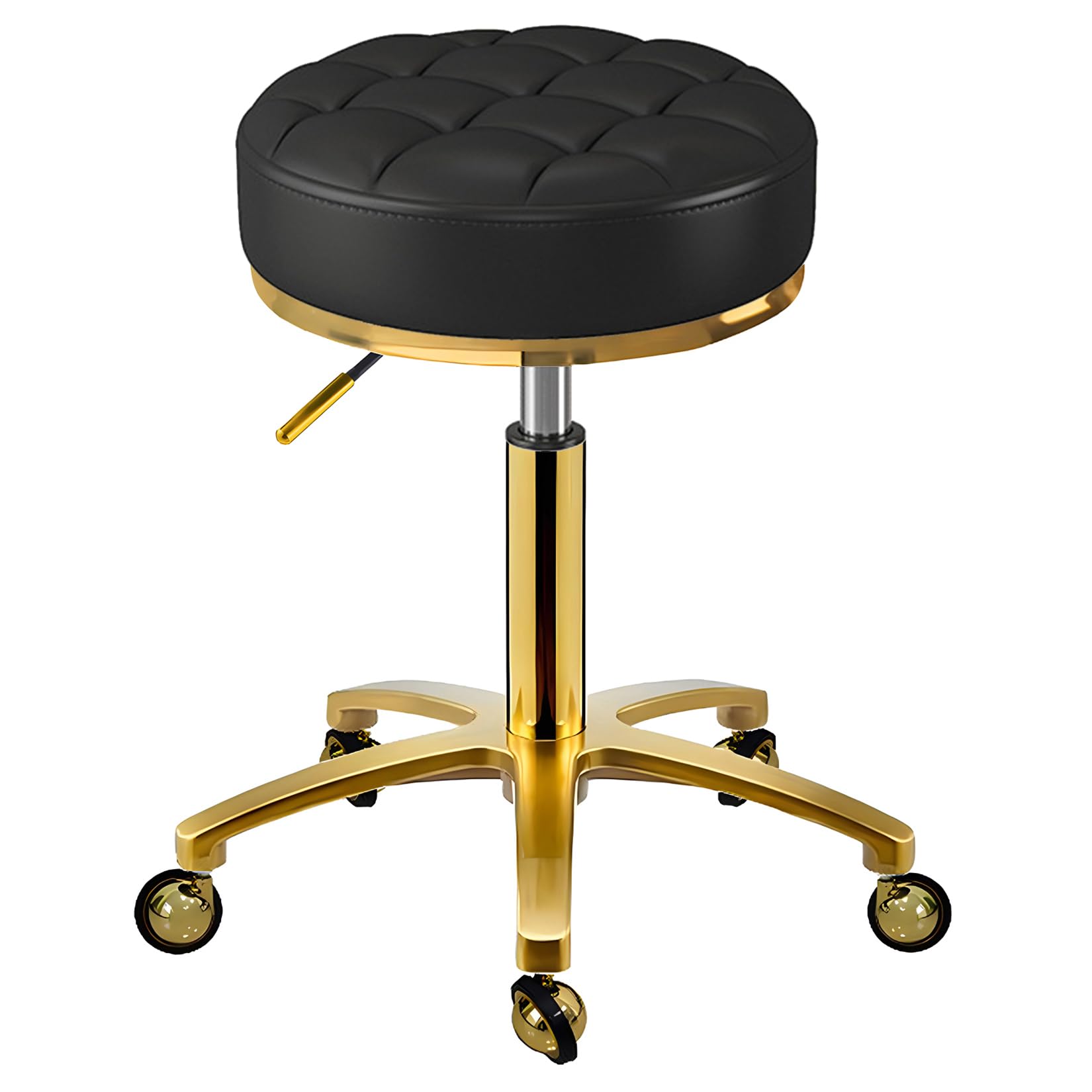 Rollhocker Gold Hocker mit Rollen, Rund Drehhocker Höhenverstellbar 43-55 cm, Komfort PU Leder Bürohocker Arbeitshocker Belastbar Bis 150kg, Schminkhocker für Massage Salon Spa (Schwarz)