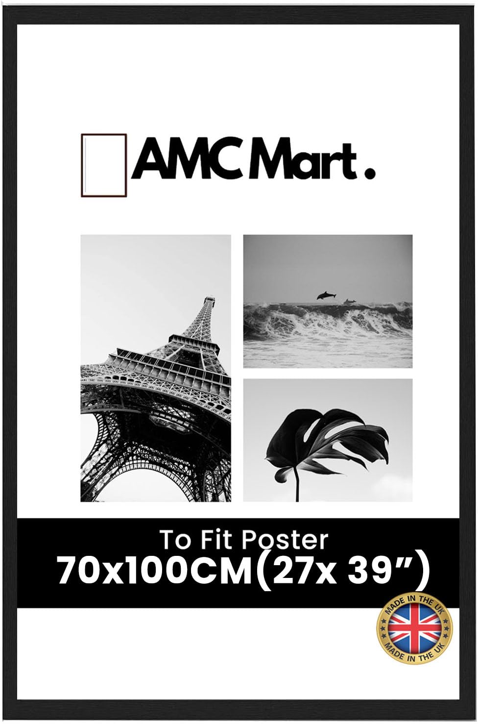 AMC MART 70x100cm(27x39inch) Photo Frame Black - Made of Solid Wood for home decor and Wall Mounting With Safe Perspex Front - 70x100cm Black Poster Frame-Horizontal And Vertical Display