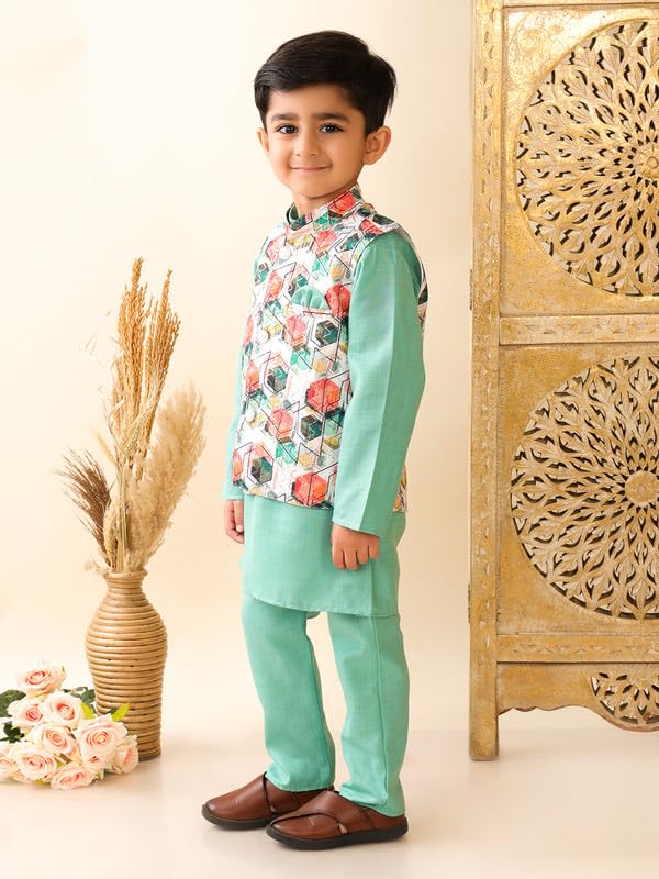 Image of superminis Boys Cotton Printed Full Sleeves Kurta Pyjama with Jacket Ethnic Wear Set