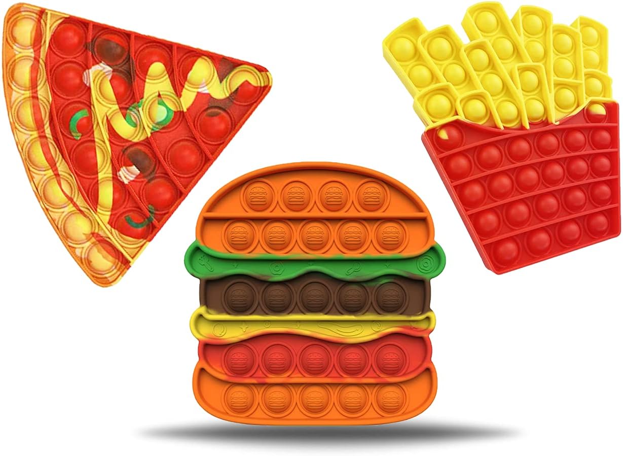 SALKO Popites - Pack de 3 piezas de Bubble – Juegos de frutas para niños y verduras infantiles – Juguete educativo antiestrés infantil y concentración (Burger Frites Pizza)