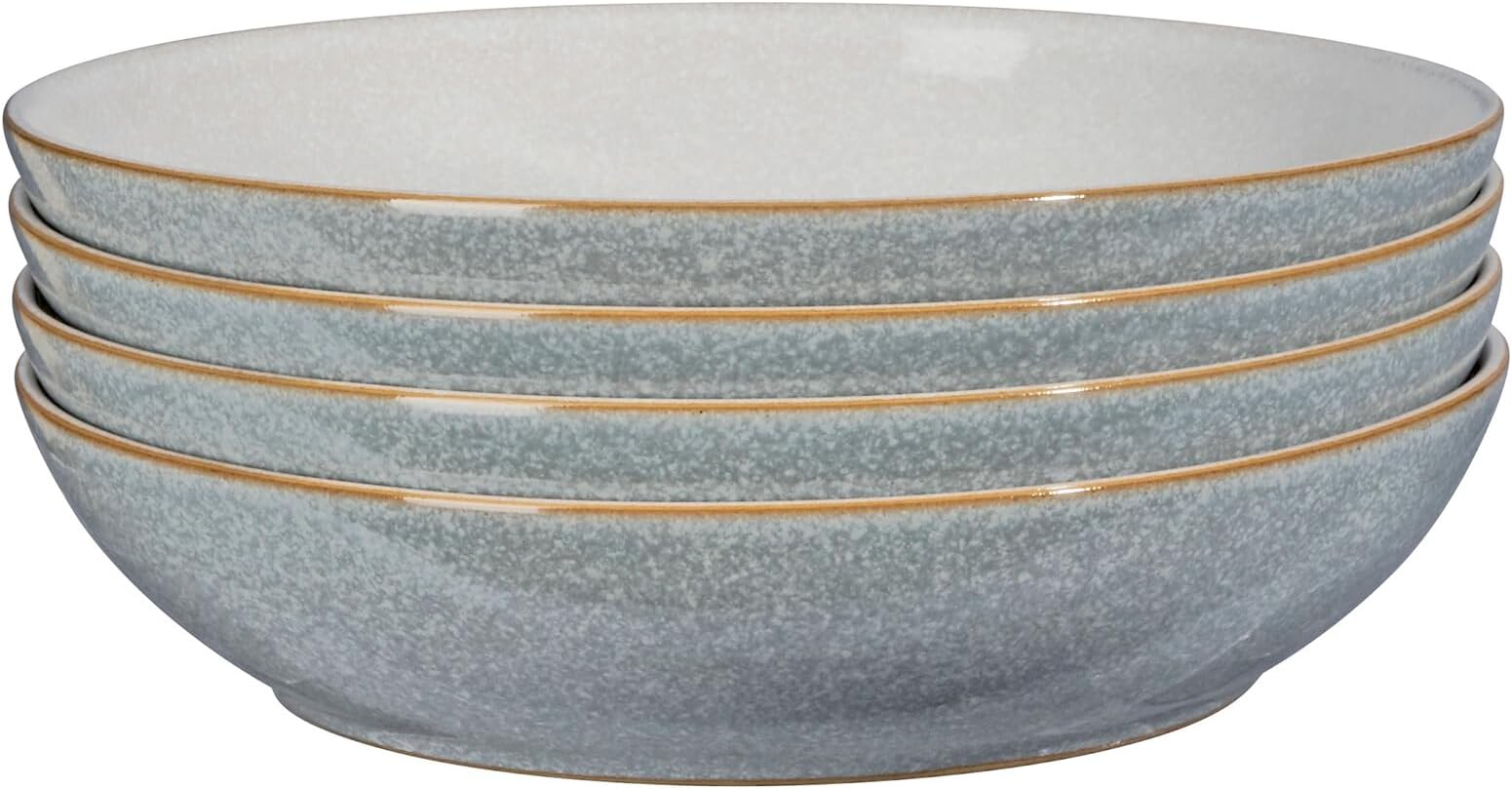 Denby - Elements Light Grey Pasta Bowls Set of 4 - Dishwasher Microwave Safe Crockery 1050ml 22cm - Pale Grey, White Ceramic Stoneware Tableware - Chip & Crack Resistant
