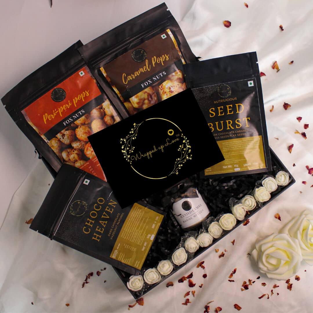 Wrapped up Love Gift Hamper Box (2 Assorted Foxnuts, 1 Choco Heaven Chocolate Bonbons, 1Seed Burst Chocolate Bonbons) - (Birthday Gift, Anniversary Gift, Wedding Gift, Corporate Gift)