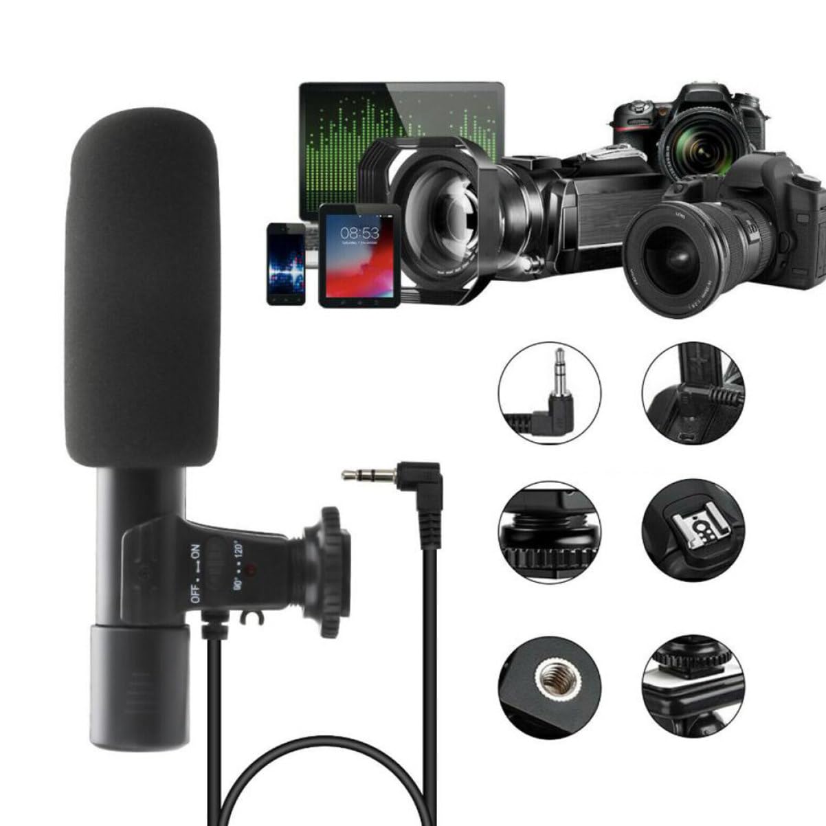 TEHAUX Micrófono de Cámara DSLR Negro Abs para Entrevistas y Vídeo | Zapato Estándar, Captura Estéreo de Alta Sensibilidad, Ángulo 90/120 Grados, Compatibilidad Amplia Teléfono y Camcorder