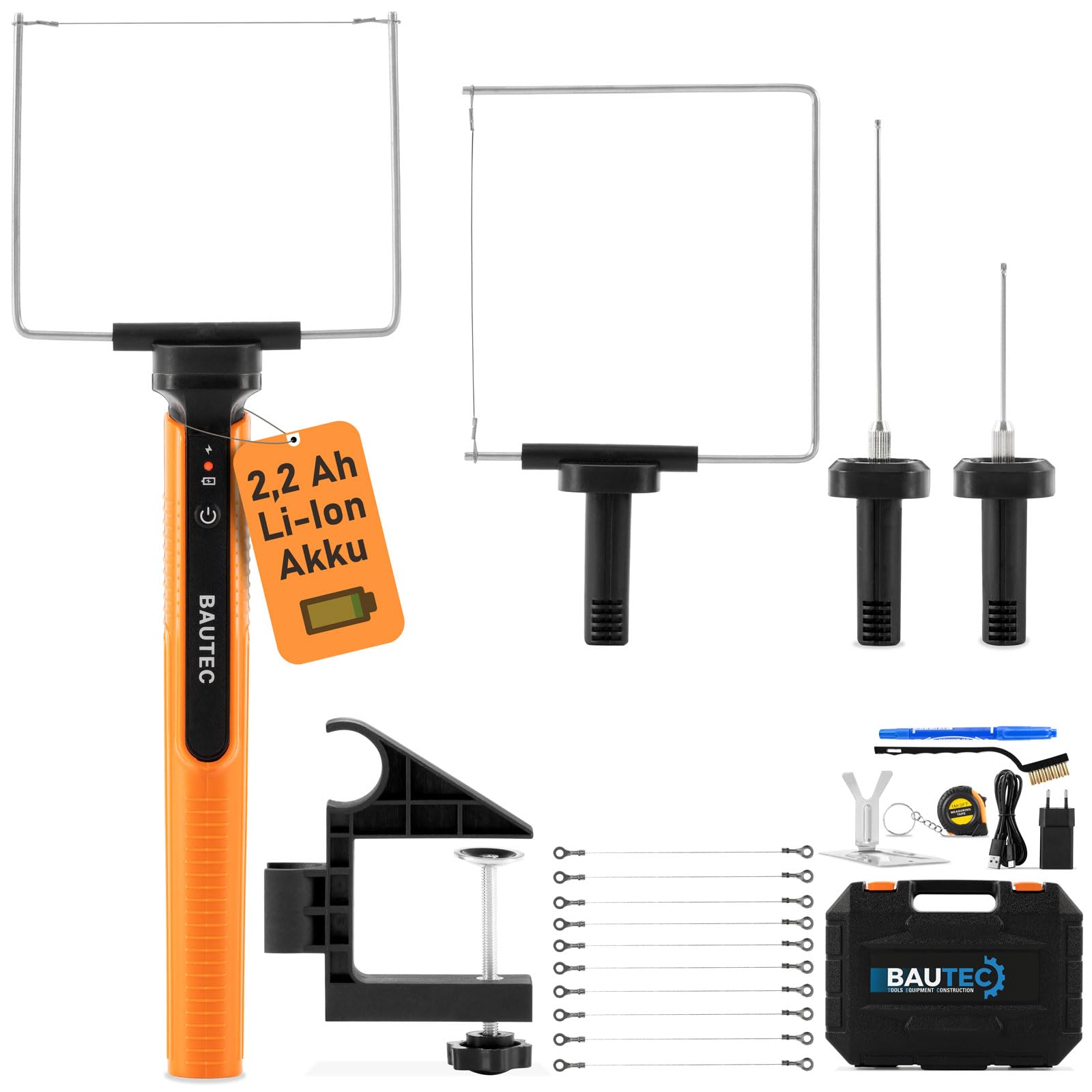 BAUTEC Akku-Styroporschneider 4-in-1 Kofferset » 4 Schneidaufsätze, Tischhalterung, 10 Schneidedrähte » elektrischer Schaumstoffschneider für Modellbau Kunst Deko Architektur » Heißdrahtschneider