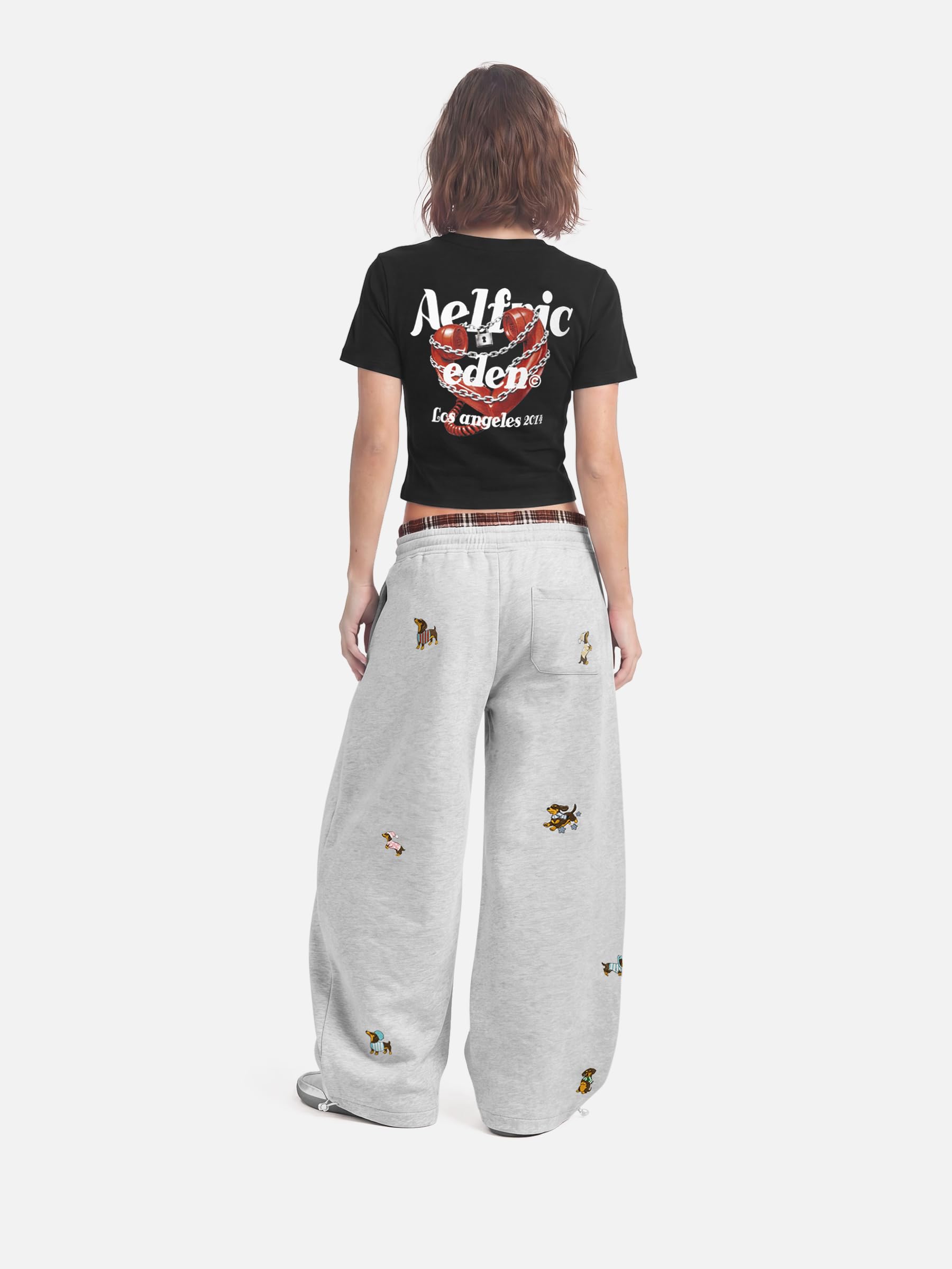 Aelfric Eden Dackel Jogginghose Herren Baggy Lang Sporthose Damen Karierte Patchwork Freizeithose Unisex Sweathose High Waist Casual Hose mit Taschen Graphic Sweatpants Weites Bein