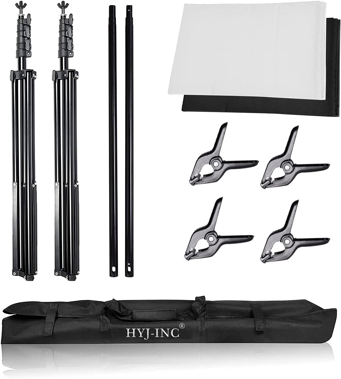 Photo Background Support System with 8.5 x 10ft Backdrop Stand Kit, 100% Cotton Muslin Backdrop (White Black),Clamp, Carry Bag for Photography Video Studio