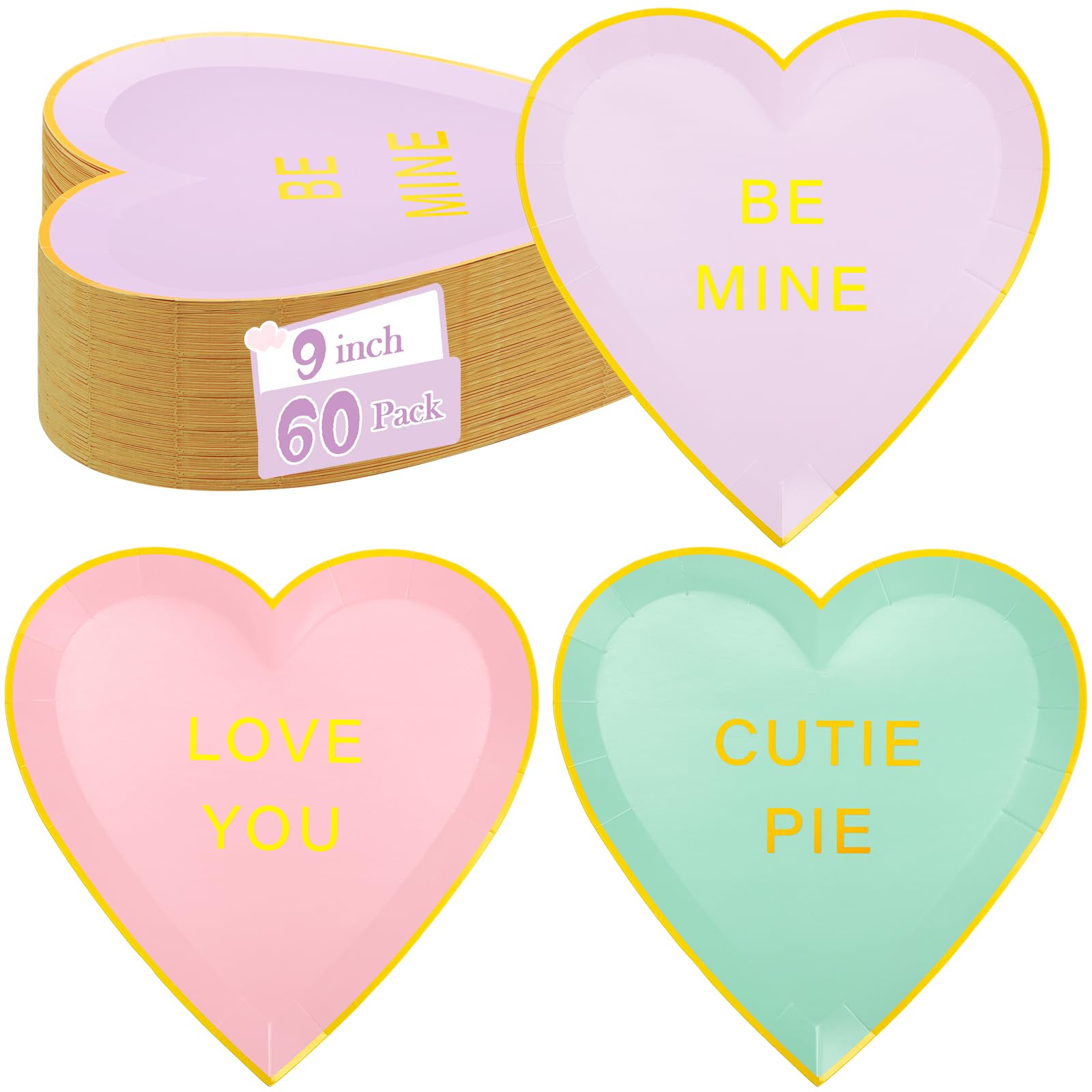 Suclain 36 Pcs Valentine's Day Paper Plates Bulk 9 Inch Heart Shaped Disposable Love You Dessert Cake Plates Pink Purple Green Heart for Valentine's Day Wedding Party