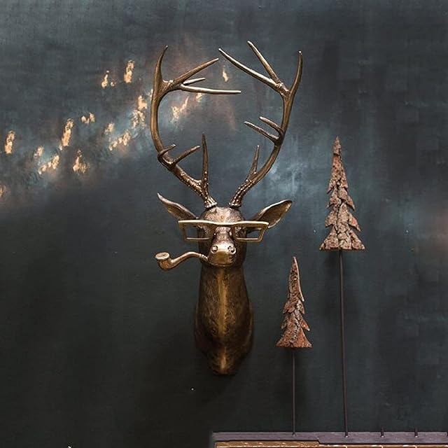 Deer Head Wall Decor Frankie Stag Wall Decoration Antique Copper Deer Antler Wall Sculpture Animal Resin Pendant Faux Resin Animal Head Statue Wall Hanging Centerpiece Vintage Design Wall Mounted