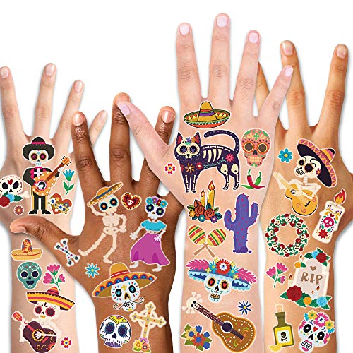 Konsait 125pcs Mexican Day Of The Dead Temporary Tattoos, Halloween Transfers Tattoo for Women Men Adult Kids Cinco de Mayo Celebration Halloween Festival Carnival Party Favor Supplies