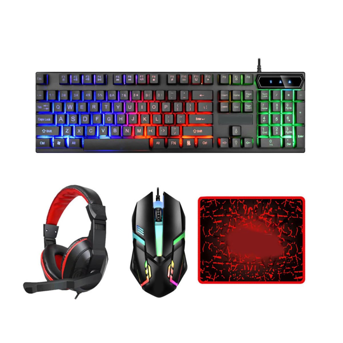 Didiseaon Ensemble Clavier-Souris Rétroéclairé Gamer PC Casque Filaire Tapis de Souris Gaming Ergonomique pour Usage Bureautique et Jeu Couleur Noire