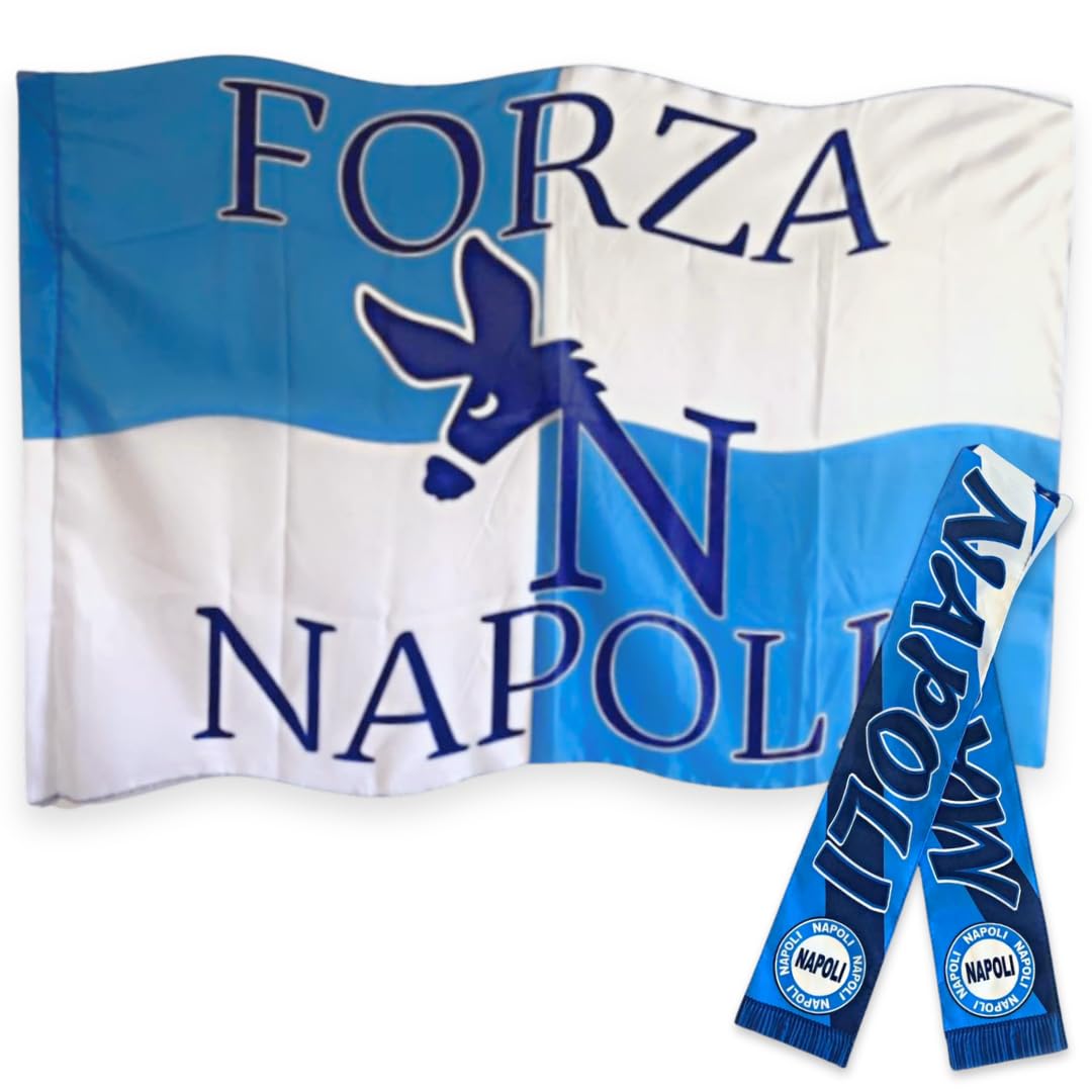 Drapeau et bandeau du Napoli – drapeau 90 x 150 cm avec boucle pour tige + collier Napoli 89 x 8 cm – fan championnat de football (drapeau + bande Naples)