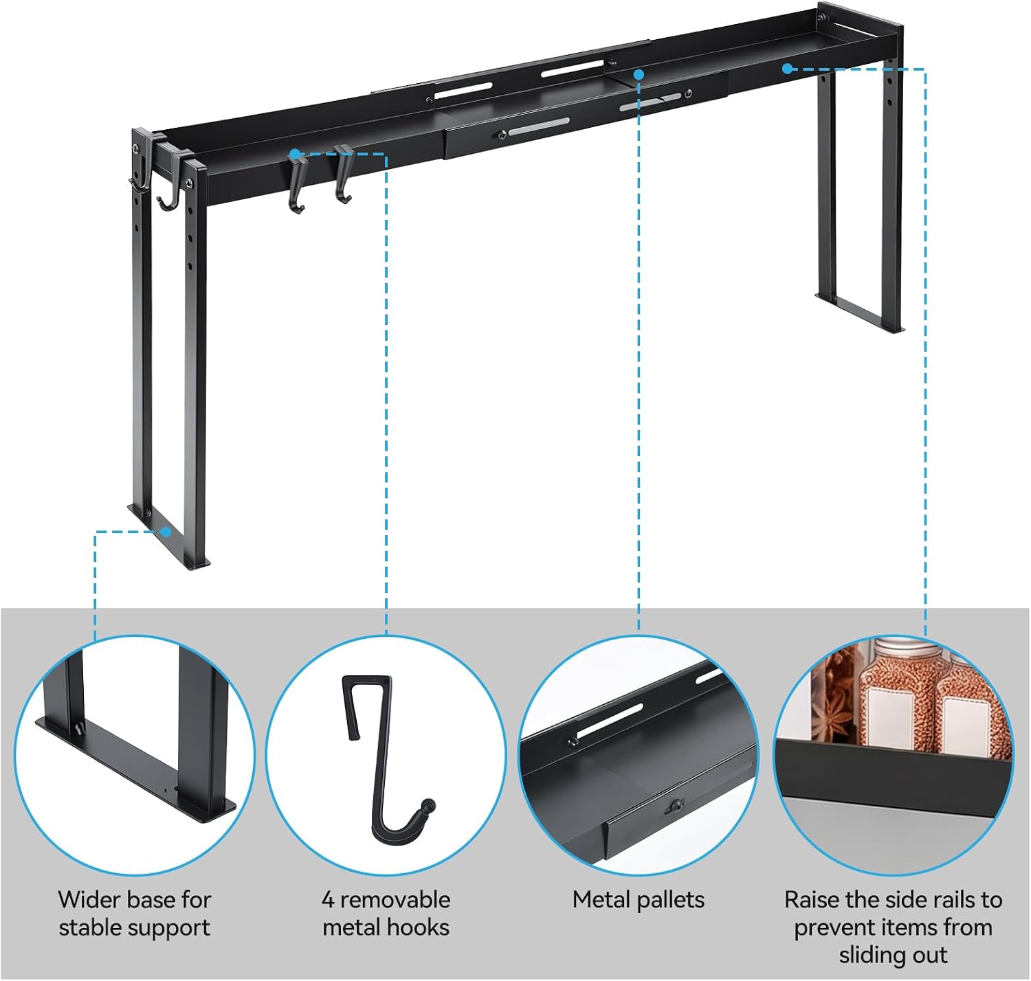 OTraki Expandable Stove Shelf with 4 Hooks Metal Spice Rack for Kitchen