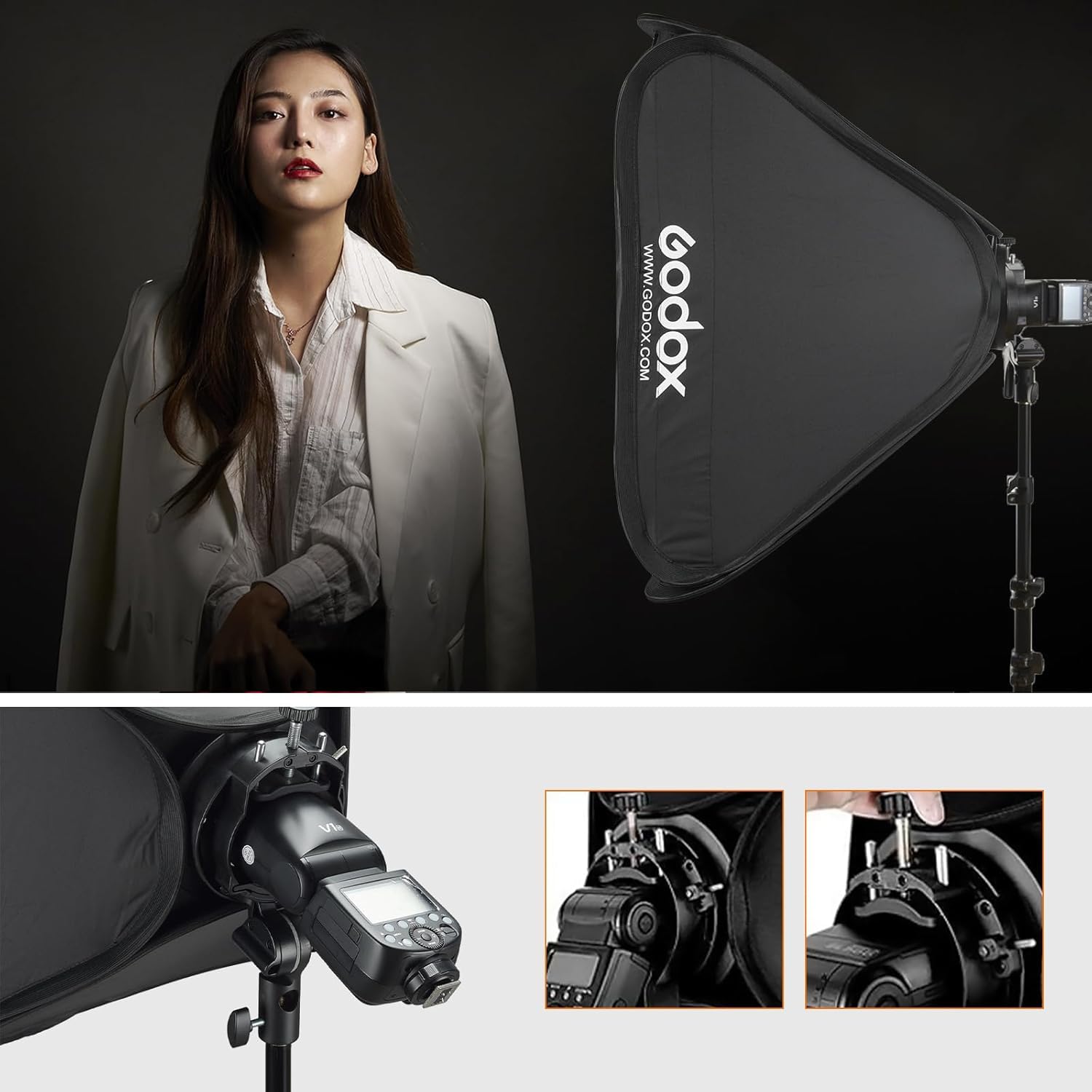 Godox Kit de boîte à lumière 60 x 60 cm avec support S2 en S avec grille, SGGV6060, convient pour Studio Godox V1, AD200PRO, V860II, TT685, TT350, AD400PRO, V1PRO, V100