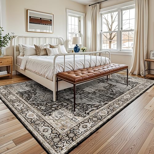 RUUGME 7x9 Area Rug Washable - Living Room Area Rugs with Non Slip Backing Stain Resistant Carpet Indoor Soft Carpets Distressed Decoration Mat for Bedroom Dining Room 7x9 Black