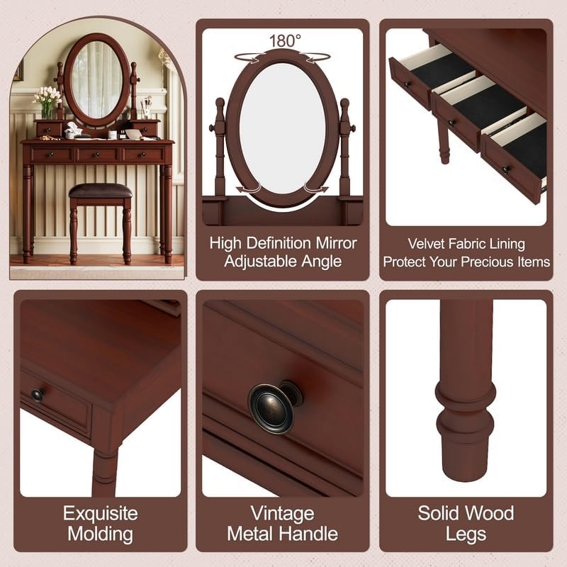 Merax 38" Vintage Vanity Set with Oval Mirror - Adjustable Makeup Desk with 5 Drawers & Matching Stool, 180° Tilt Mirror, Classic Carved Design for Bedroom/Dressing Room, Walnut