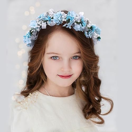 Miniatura 5 de Campsis Diadema de flores para niñas, accesorios para el cabello de comunión de perlas para niñas, de cristal, fotografía de cumpleaños, banda para