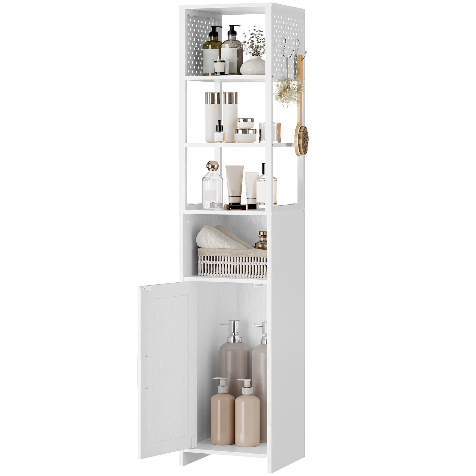HOOBRO Armario de Baño, Mueble de Pie Alto y Estrecho con 3 Estantes, 1 Compartimento Abierto y 1 Taquilla, Estante con Rejillas y 4 Ganchos, para Baño, Pasillo, Cocina y Sala, Blanco EWT144CW01
