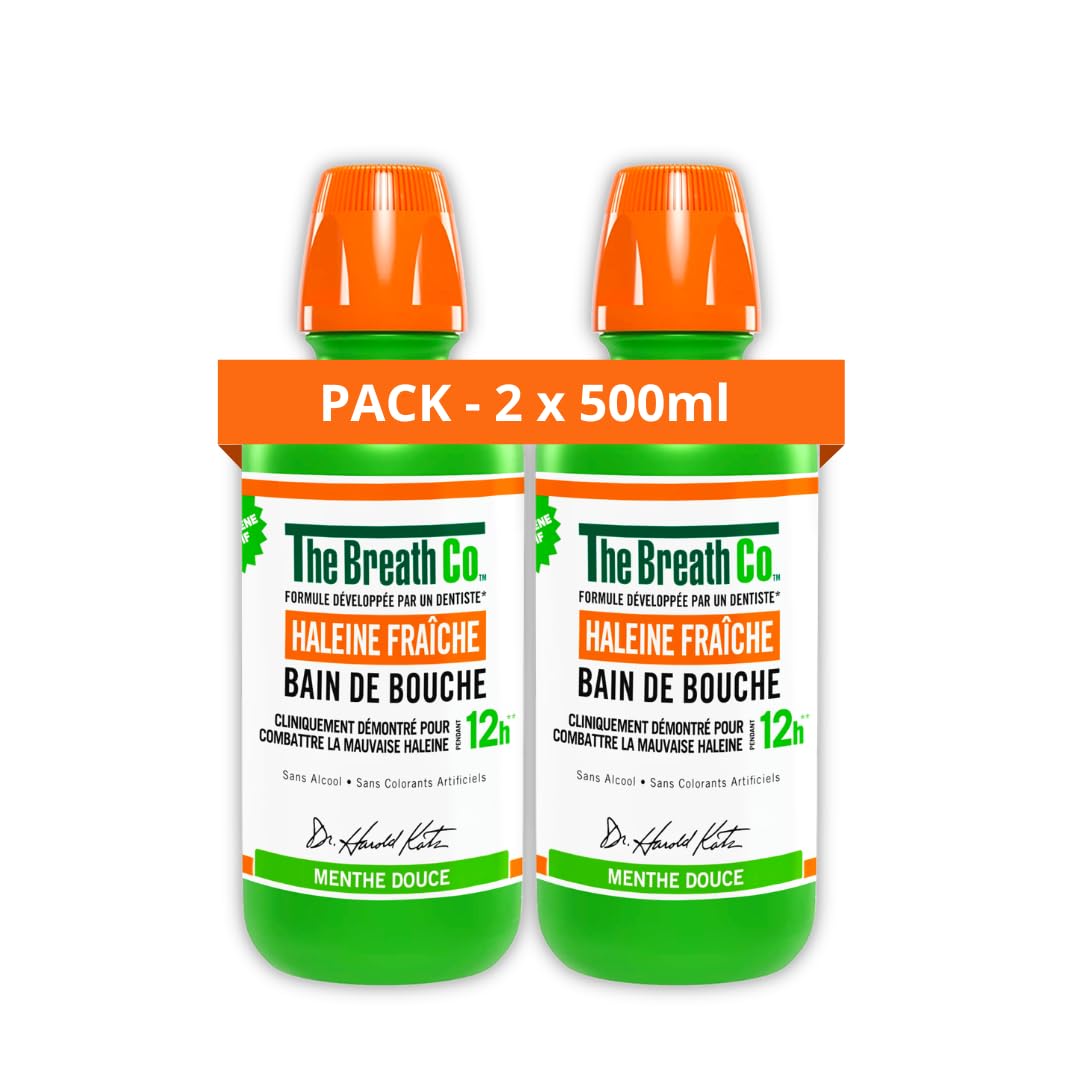 The Breath Co - Bain de Bouche Sans Alcool - Haleine Fraîche 12 heures*- Formule développée par un dentiste - Menthe Douce, Lot de 2 x 500ml