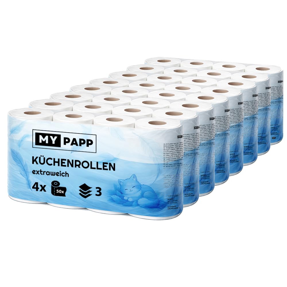 32 Küchenrollen – 3-lagig, saugstark & extra reißfest – 8×4 Rollen, 50 Blatt/Rolle – XXL Sparpack Haushaltsrollen Haushaltsrolle Papierhandtücher Küchenpapier Zellstoff weiß
