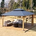 LUXOAK 13' x 15' Hardtop Gazebo,Aluminum Frame Outdoor Gazebo with Iron Roof Double Roof, Wood Gazebo for Patio, Backyard, Lawns, Parties, Black
