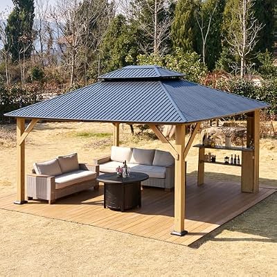 LUXOAK 13' x 15' Hardtop Gazebo,Aluminum Frame Outdoor Gazebo with Iron Roof Double Roof, Wood Gazebo for Patio, Backyard, Lawns, Parties, Black