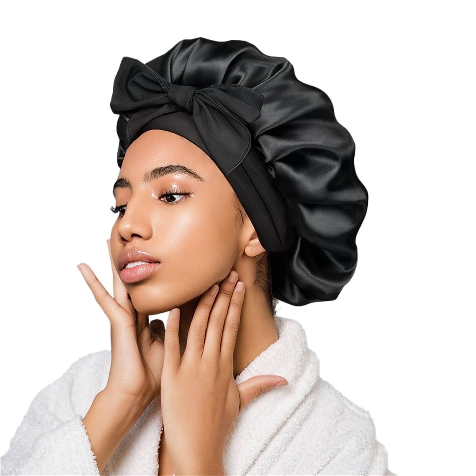 Cuffia Seta Capelli Notte Women Big Satin Bonnet Elastic Long Strap Night Sleep Cap 2 Layer Wearable Silk Hair Wrap Hat Band Adjustable(Black)