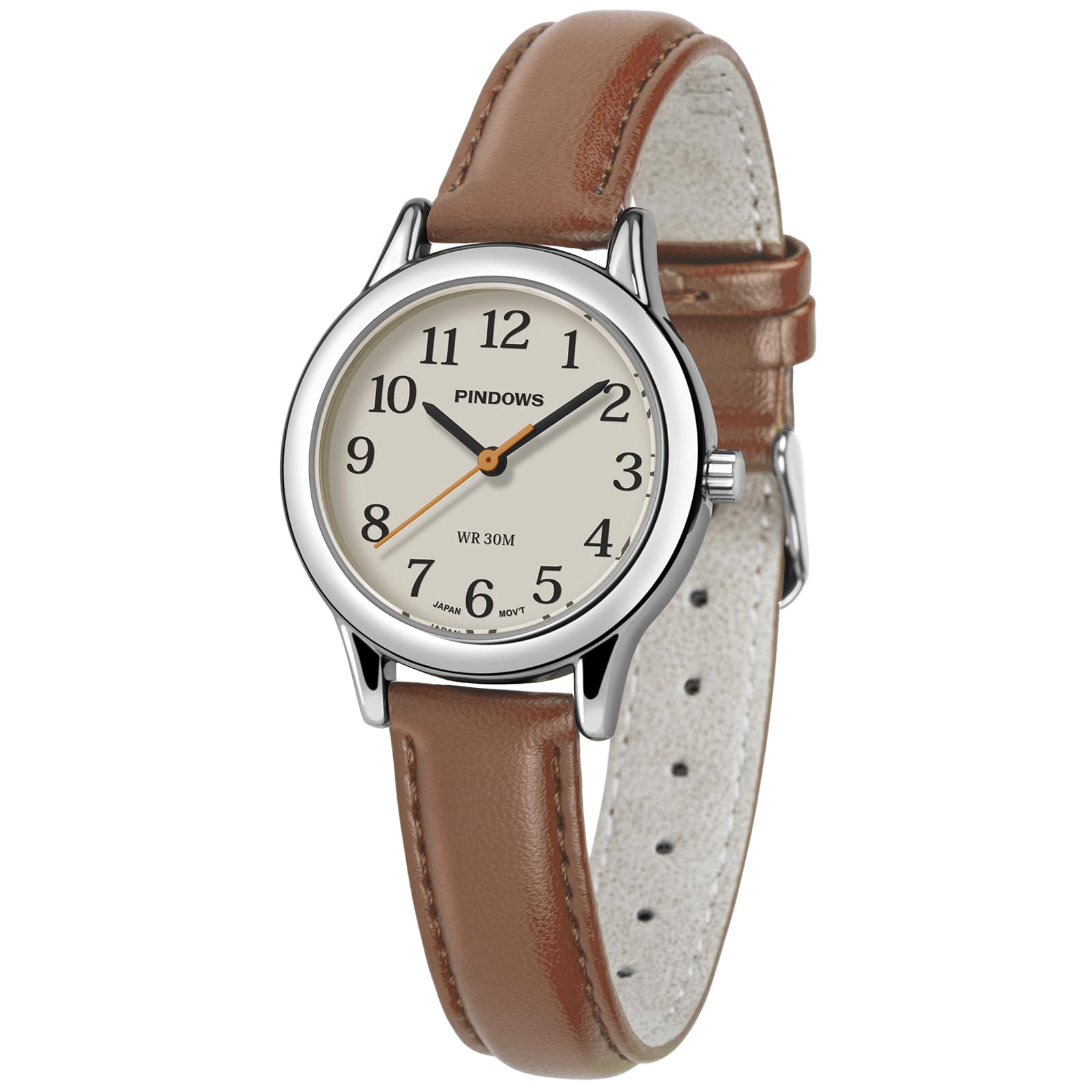 PINDOWS schlanke minimalistische Quarz-Analoguhr für Damen, Gehäuse in Goldton mit schwarzem Lederarmband, modische, Elegante Armbanduhr für den Alltag