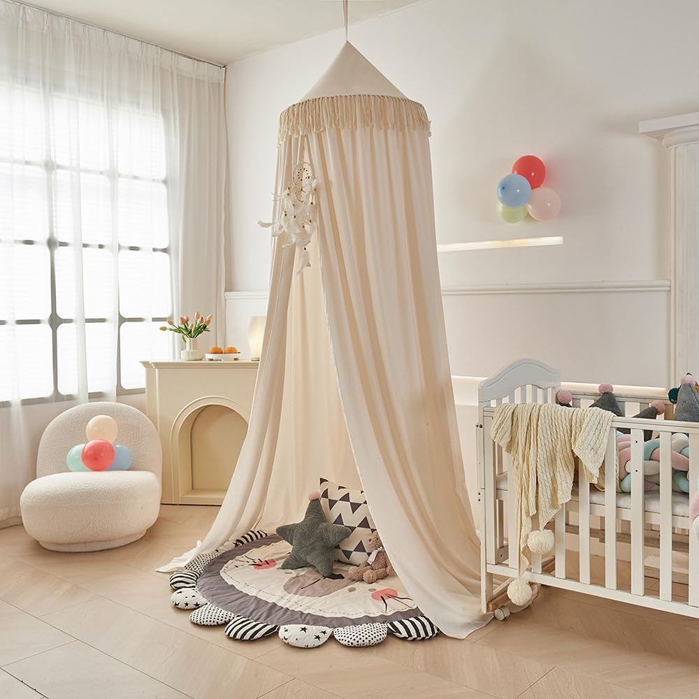 Groß Betthimmel Baldachin Babybett Beige Kinderbett Mädchen Khaki Kinder Baby Himmel Rund Hängendes Kuppel Moskitonnetz Deko 400cm