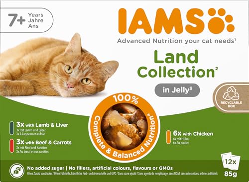 IAMS Delights Land Collection Senior Katzenfutter Nass - Multipack mit Fleisch Sorten (Huhn Lamm & Rind) in Gelee Nassfutter für ältere Katzen ab 7 Jahre 12 x 85g