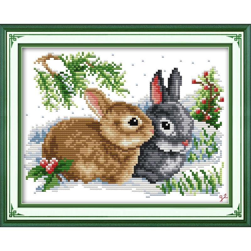 Stitchmelody Stamped Cross Stitch Kits,11CT Printed Pattern Embroidery Kit DIY Home Décor-Lucky Rabbits 33cm×24cm